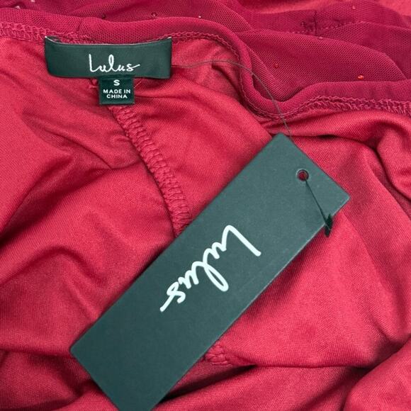 Lulus Popular Sparkle Wine Red Rhinestone Asymmetrical Crop Top size S NWT - Picture 6 of 6